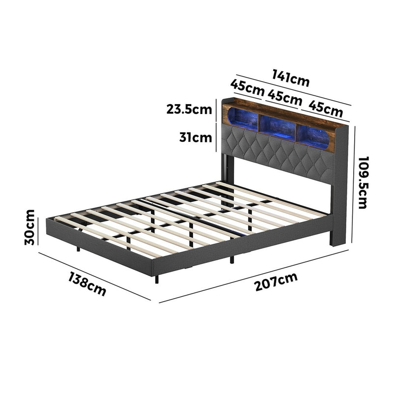 Oikiture Double Size Bed Frame Floating Beds With LED Headboard USB