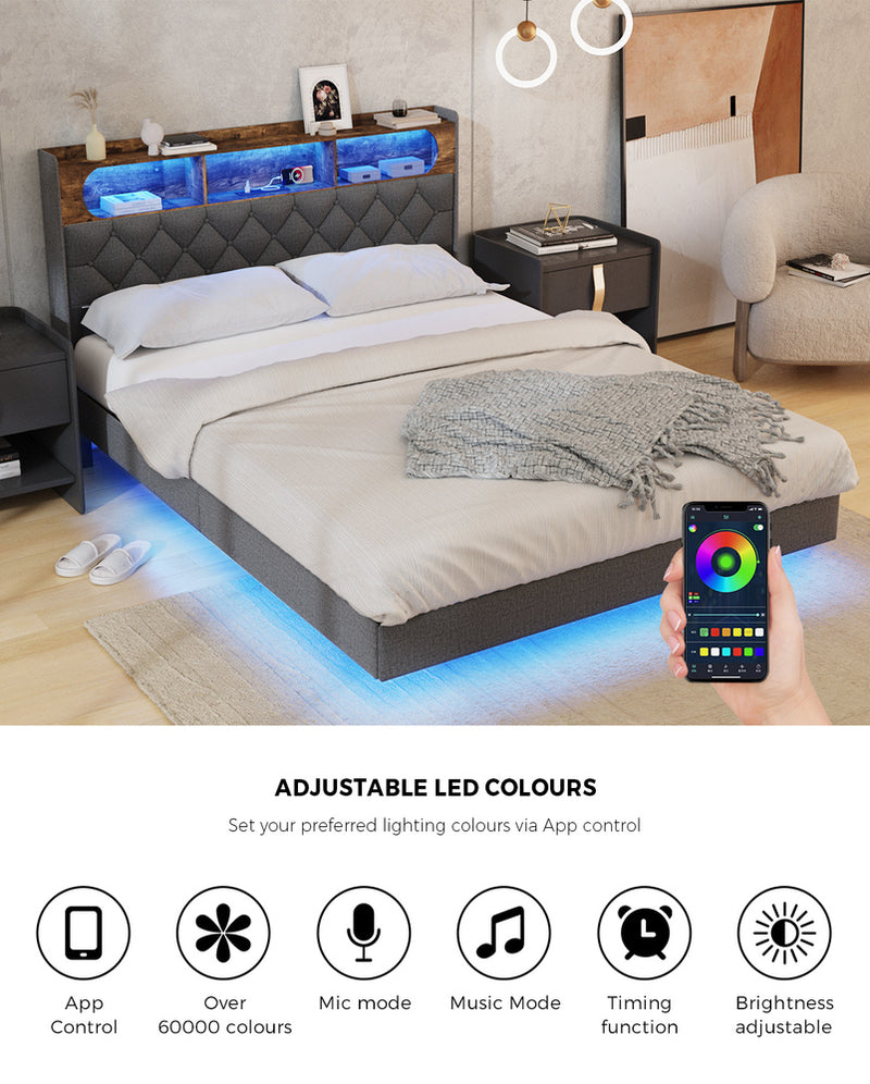 Oikiture Double Size Bed Frame Floating Beds With LED Headboard USB
