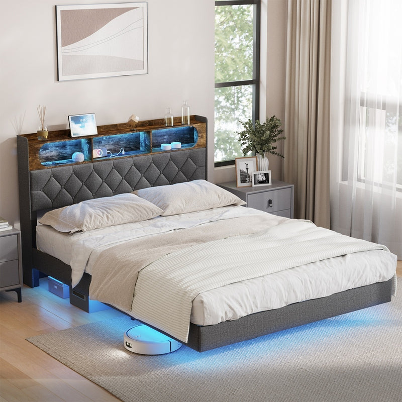 Oikiture Queen Size Bed Frame Floating Beds With LED Headboard USB