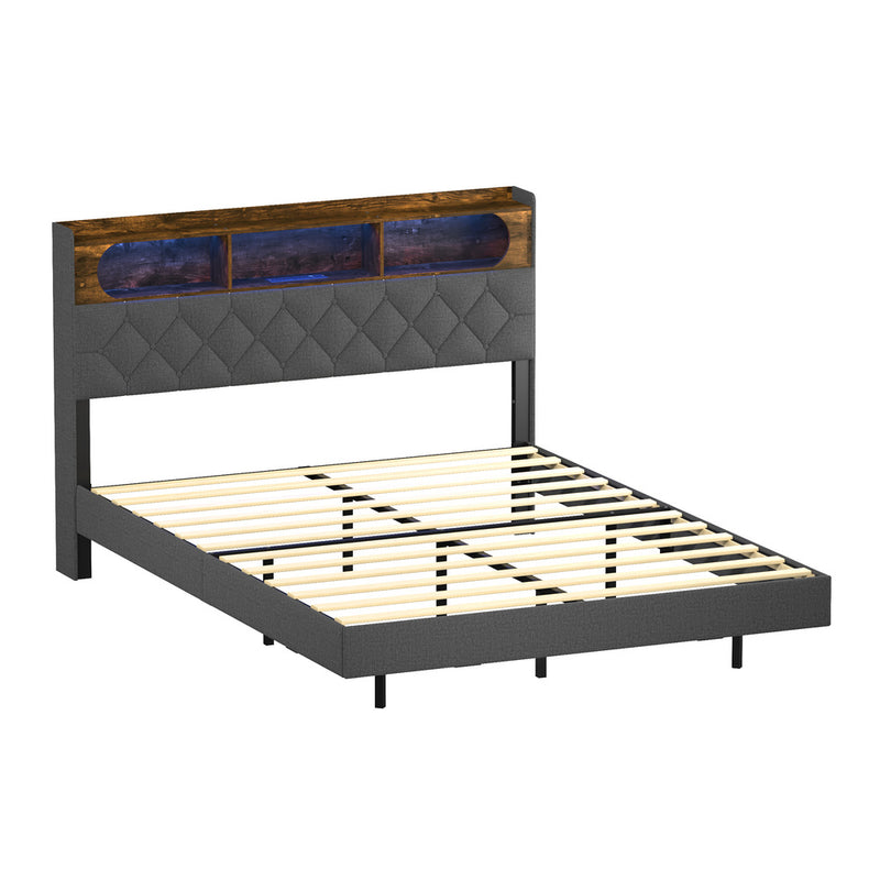 Oikiture Queen Size Bed Frame Floating Beds With LED Headboard USB