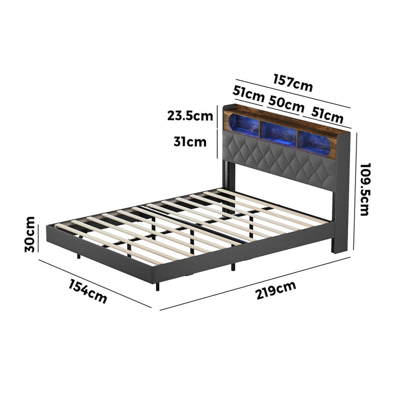 Oikiture Queen Size Bed Frame Floating Beds With LED Headboard USB