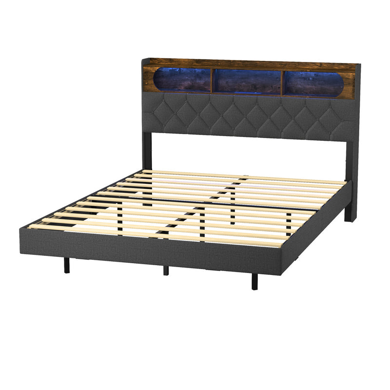 Oikiture Queen Size Bed Frame Floating Beds With LED Headboard USB
