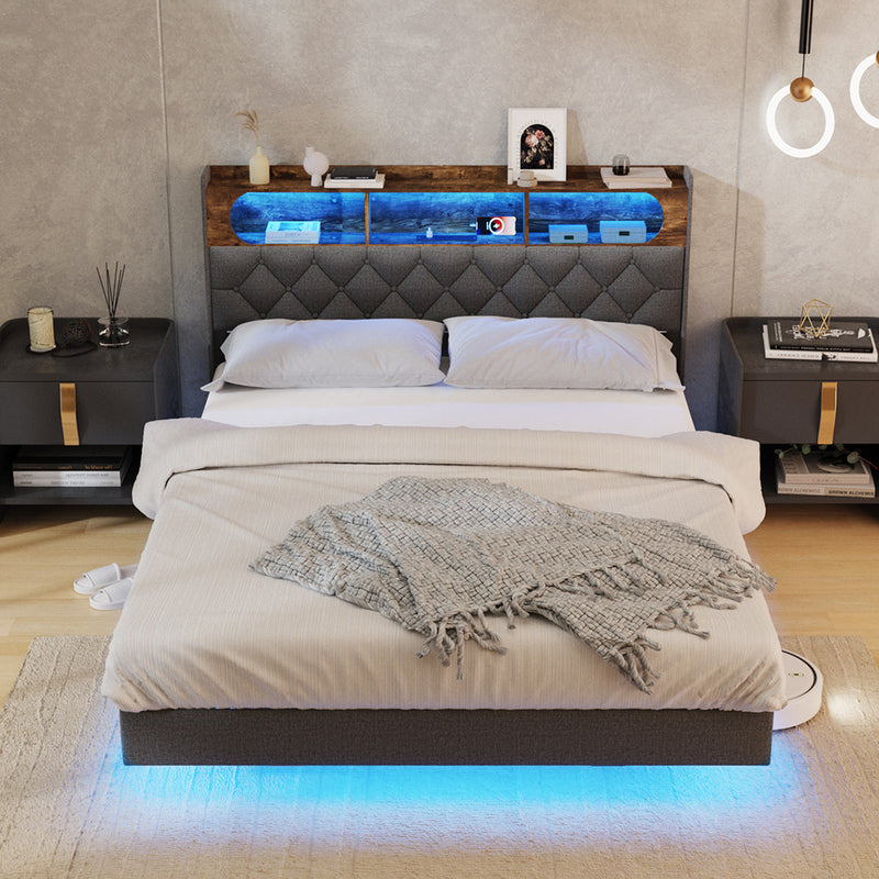 Oikiture Queen Size Bed Frame Floating Beds With LED Headboard USB
