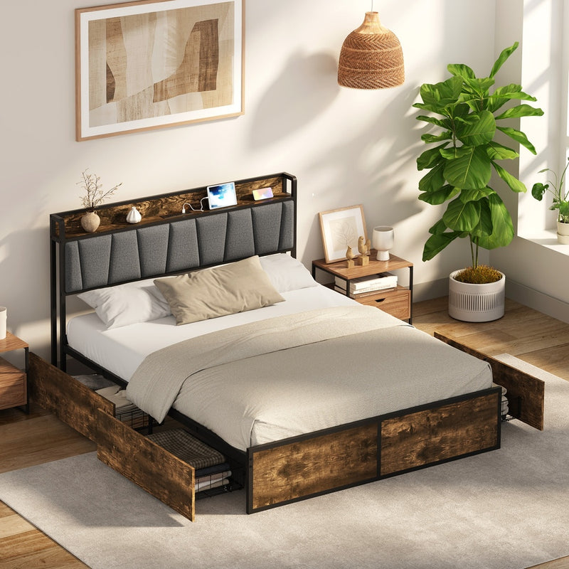 Oikiture Double Metal Bed Frame Storage Headboard AC USB Charge