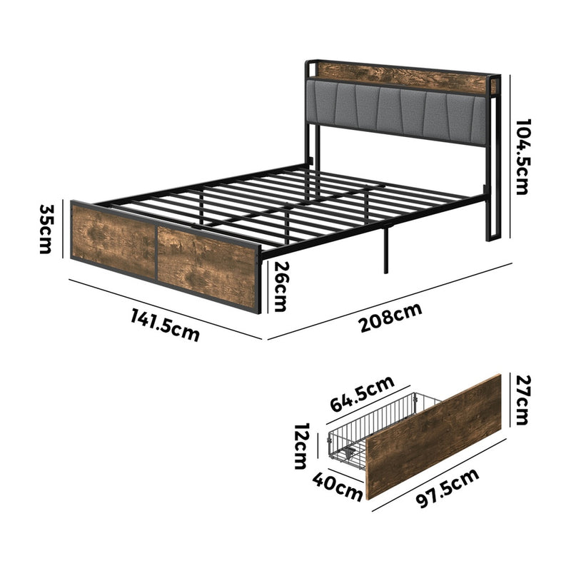 Oikiture Double Metal Bed Frame Storage Headboard AC USB Charge