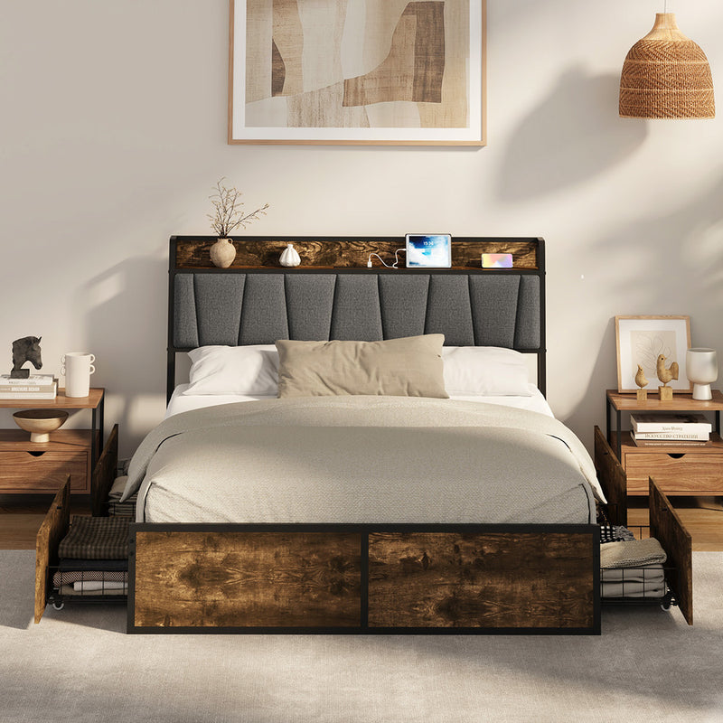 Oikiture Double Metal Bed Frame Storage Headboard AC USB Charge