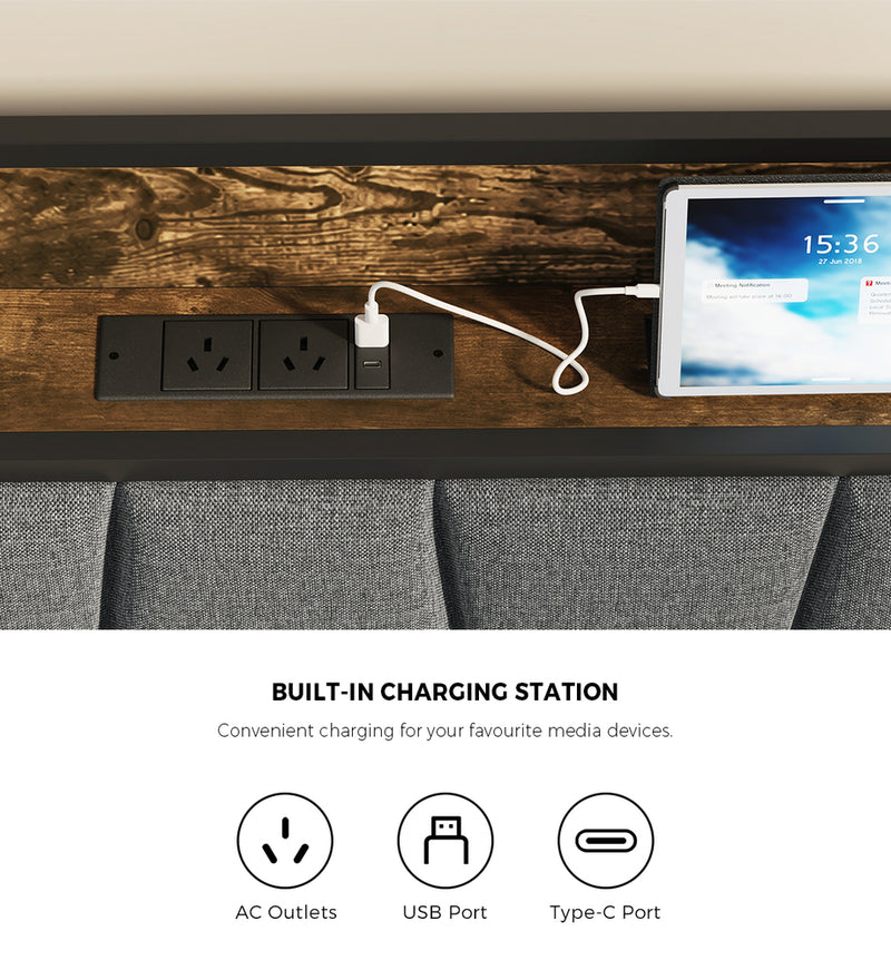 Oikiture Double Metal Bed Frame Storage Headboard AC USB Charge