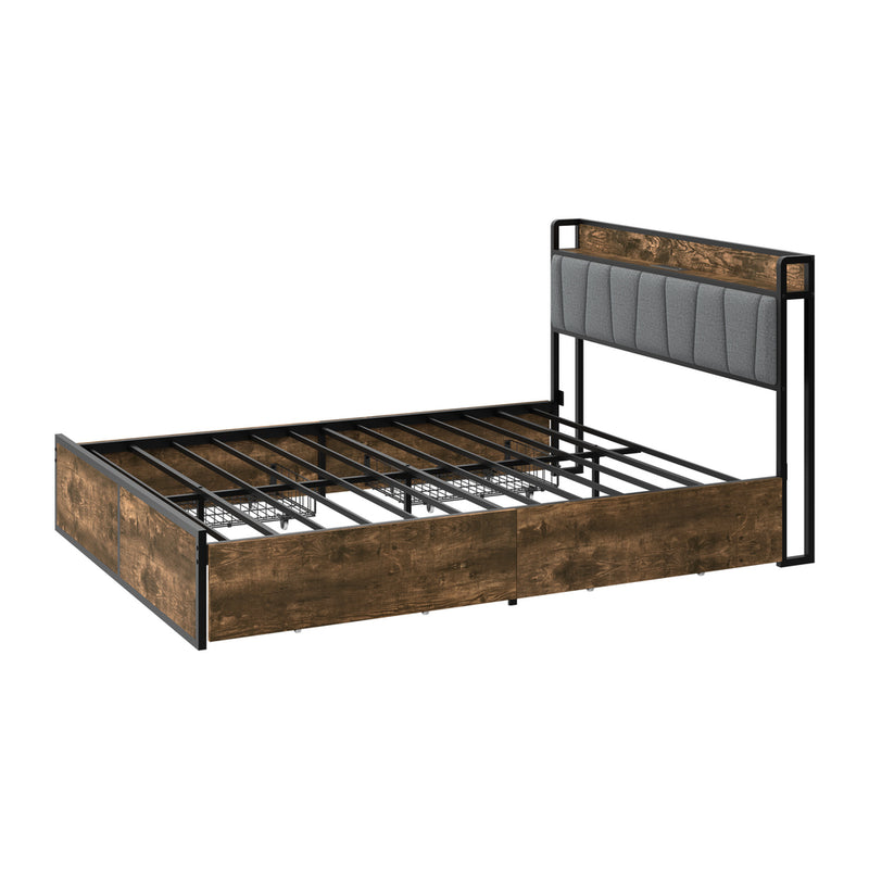 Oikiture Queen Metal Bed Frame Storage Headboard AC USB Charge