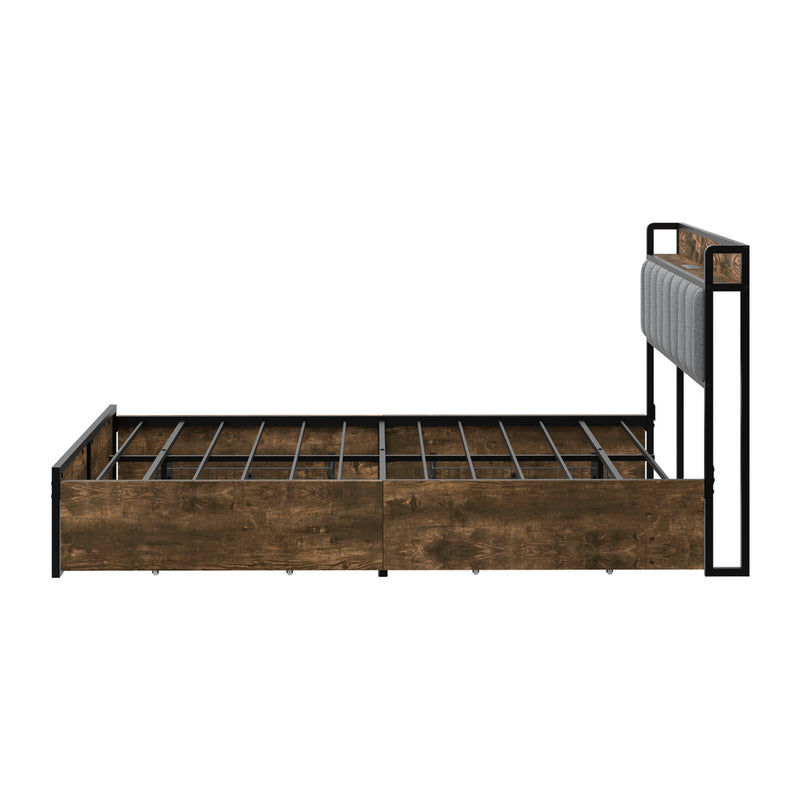 Oikiture Queen Metal Bed Frame Storage Headboard AC USB Charge