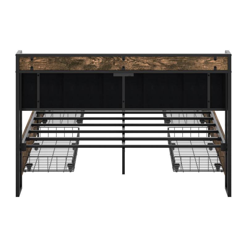 Oikiture Queen Metal Bed Frame Storage Headboard AC USB Charge