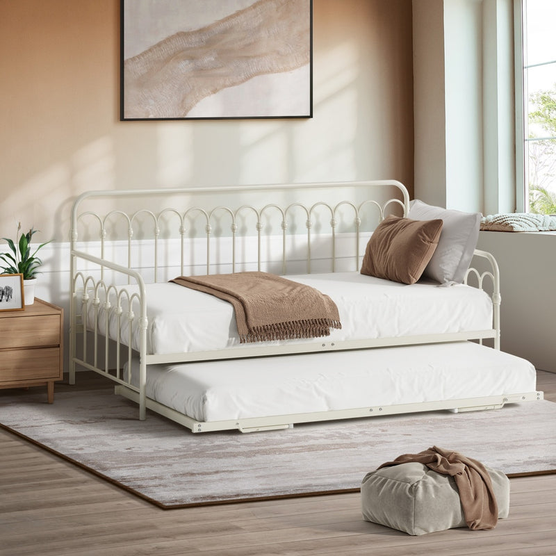 Oikiture Trundle Bed Frame Daybed Single Size Base Metal Beige
