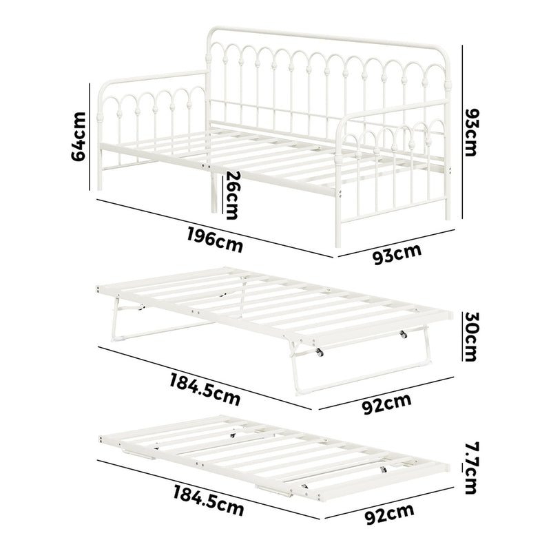Oikiture Trundle Bed Frame Daybed Single Size Base Metal Beige