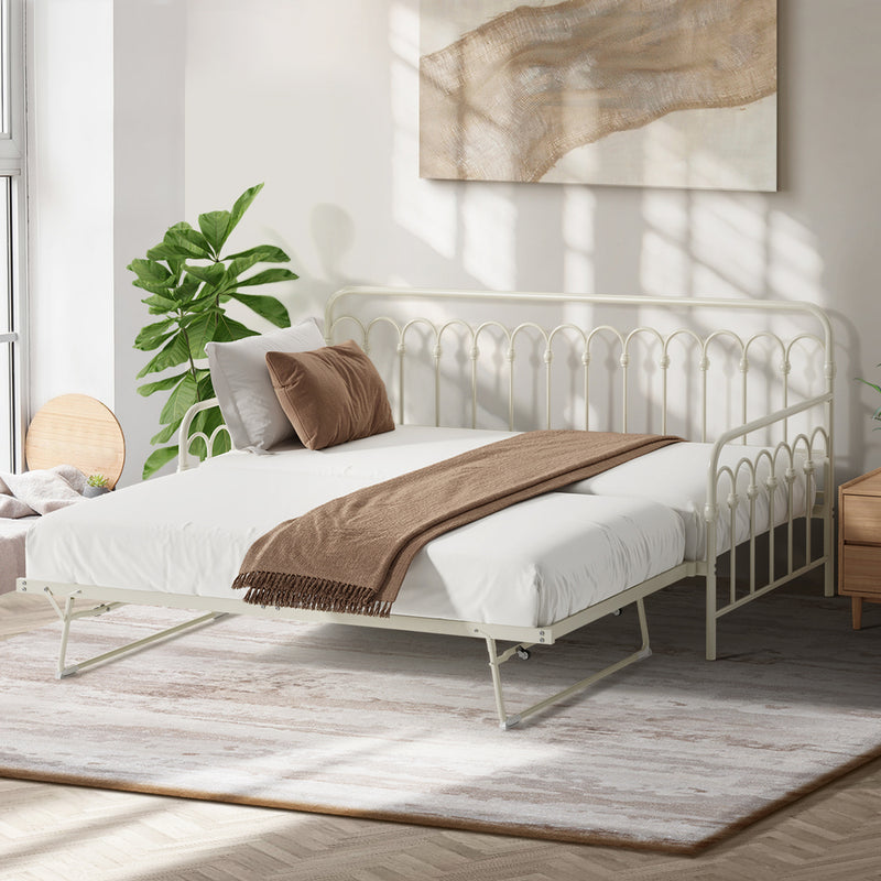 Oikiture Trundle Bed Frame Daybed Single Size Base Metal Beige