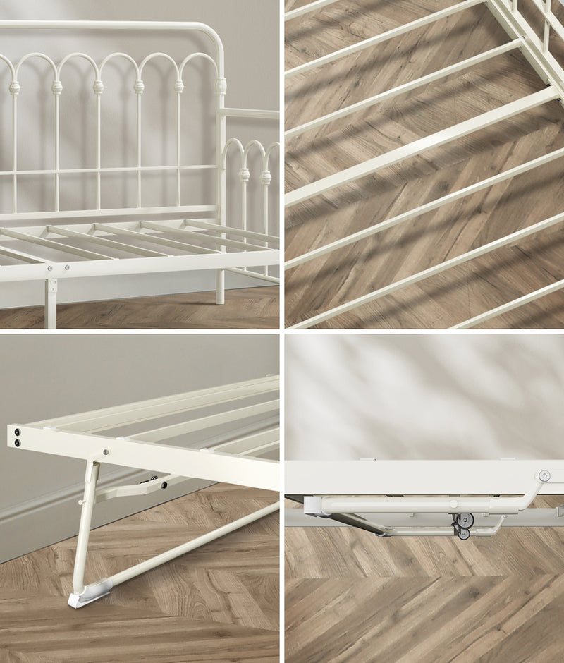 Oikiture Trundle Bed Frame Daybed Single Size Base Metal Beige