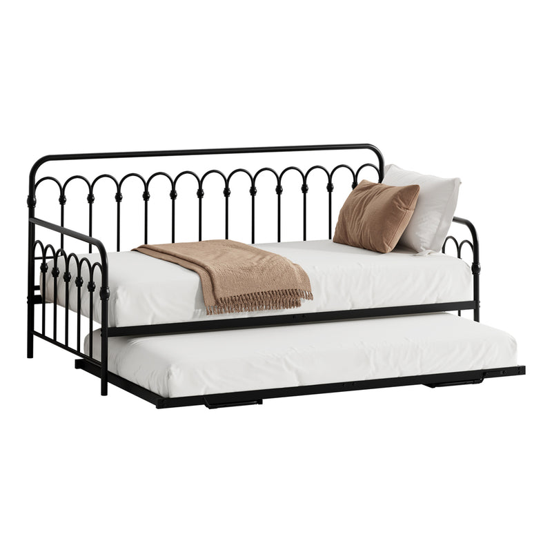 Oikiture Trundle Bed Frame Daybed Single Size Base Metal Black