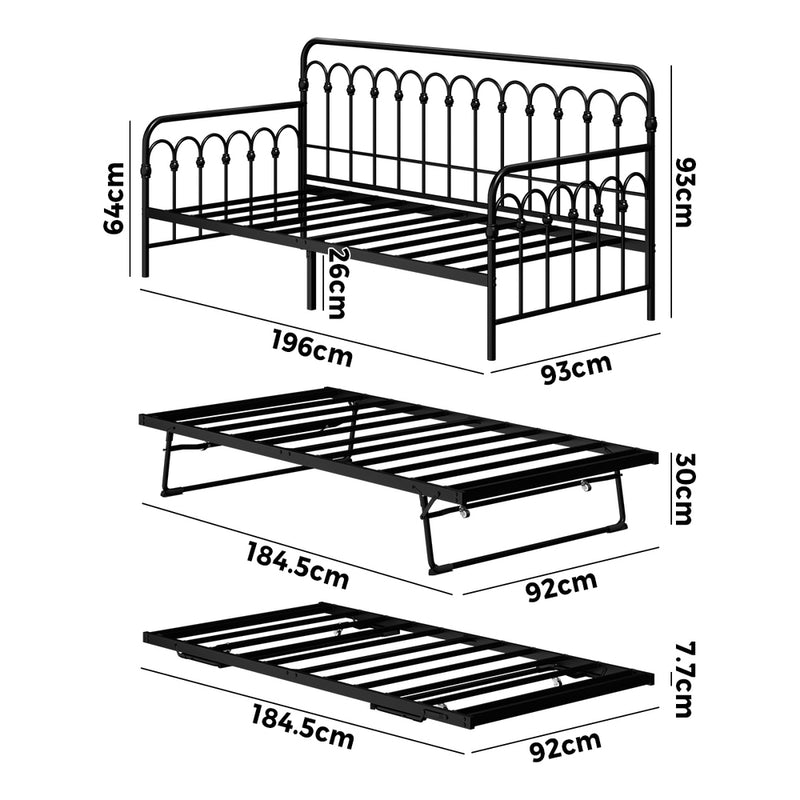 Oikiture Trundle Bed Frame Daybed Single Size Base Metal Black