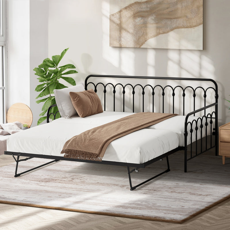 Oikiture Trundle Bed Frame Daybed Single Size Base Metal Black