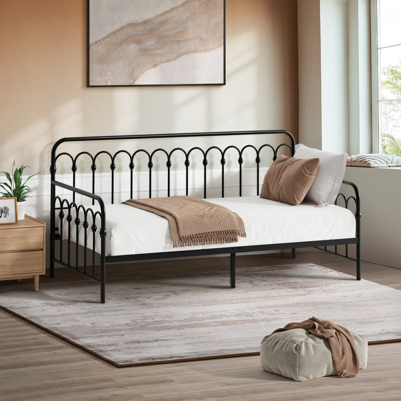 Oikiture Metal Daybed Frame Single Size Sofa Bed Steel Slat Black