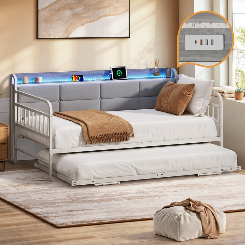 Oikiture Trundle Bed Frame Daybed Base Single LED Headboard USB