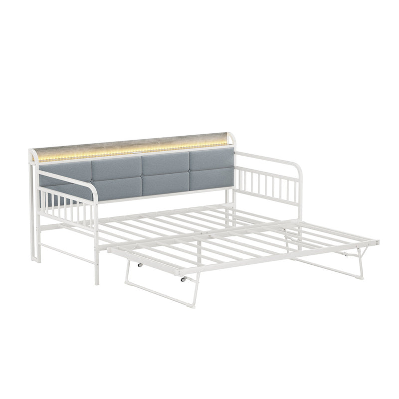 Oikiture Trundle Bed Frame Daybed Base Single LED Headboard USB