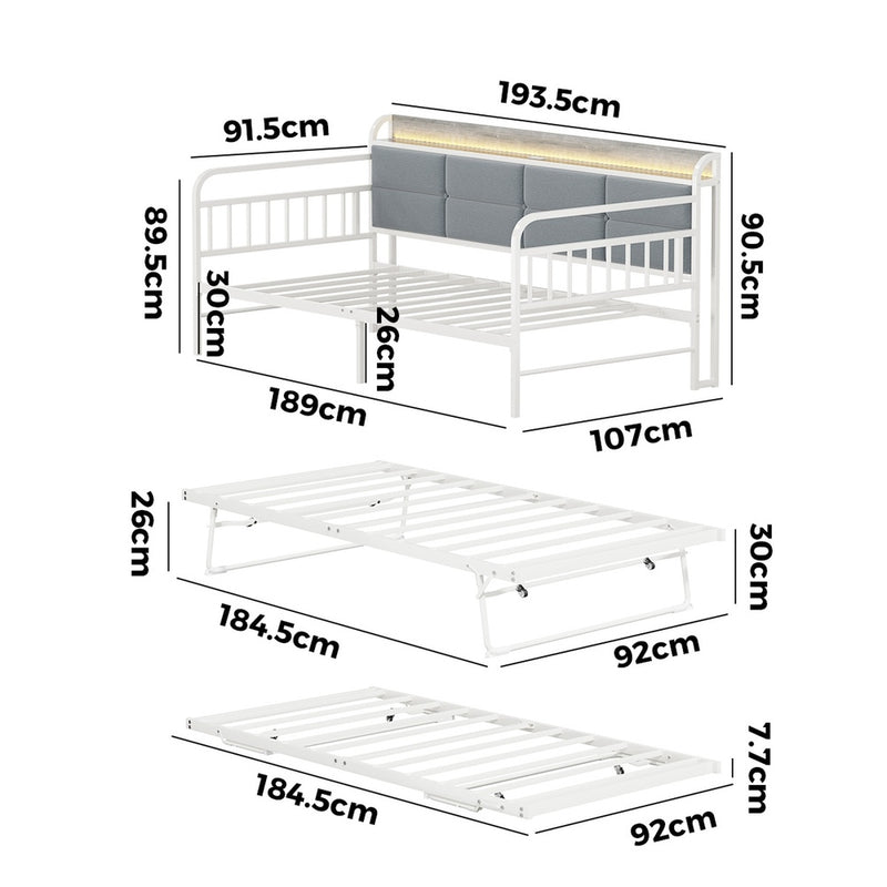 Oikiture Trundle Bed Frame Daybed Base Single LED Headboard USB