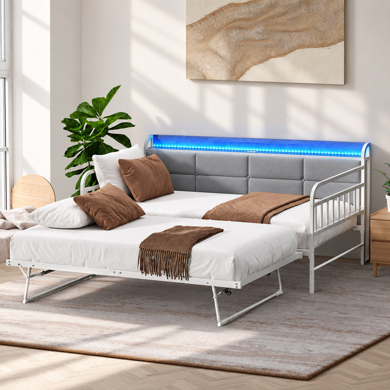 Oikiture Trundle Bed Frame Daybed Base Single LED Headboard USB