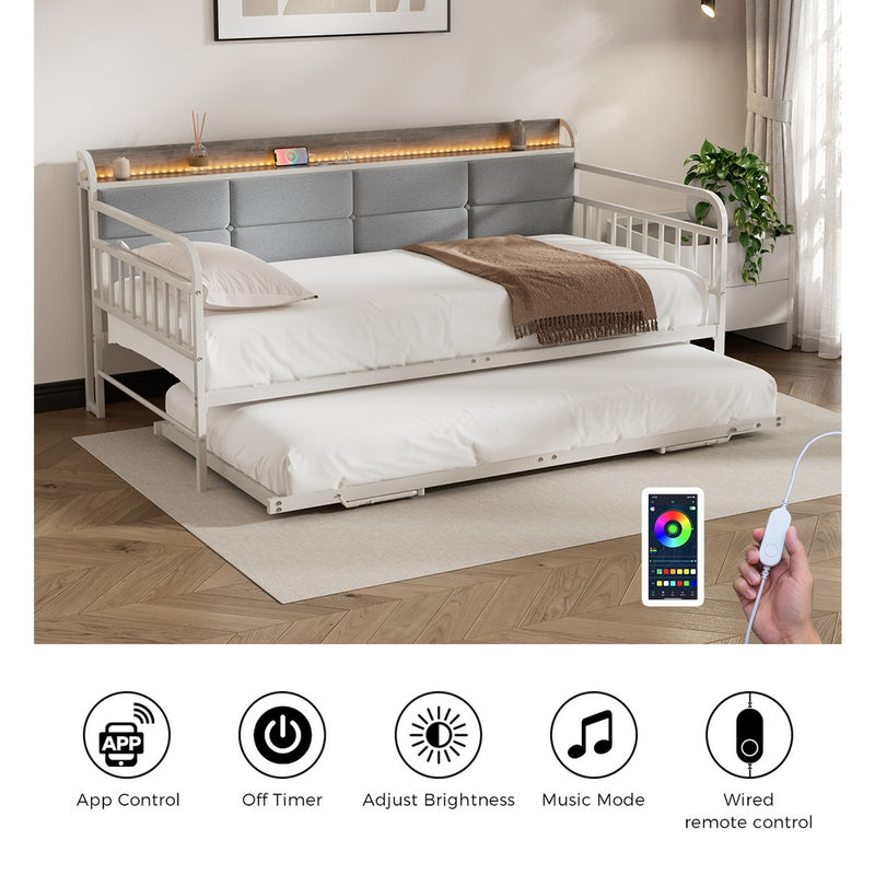 Oikiture Trundle Bed Frame Daybed Base Single LED Headboard USB
