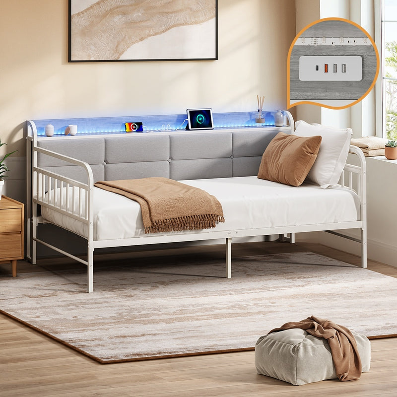 Oikiture Metal Daybed Frame Single LED Headboard USB Charge