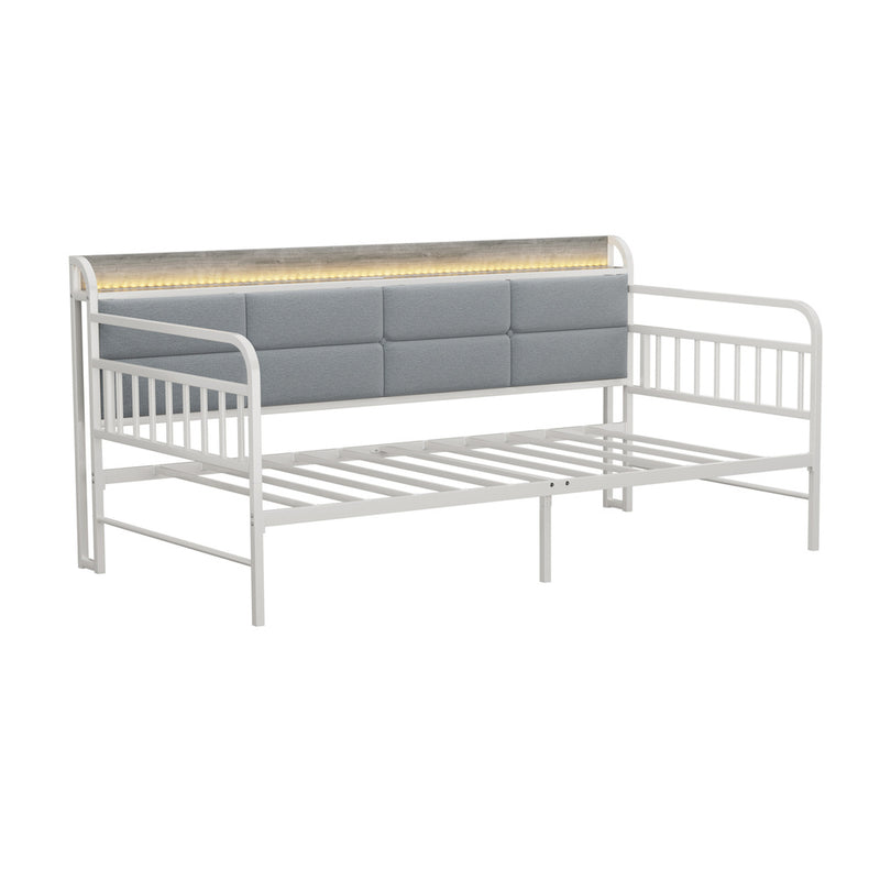 Oikiture Metal Daybed Frame Single LED Headboard USB Charge