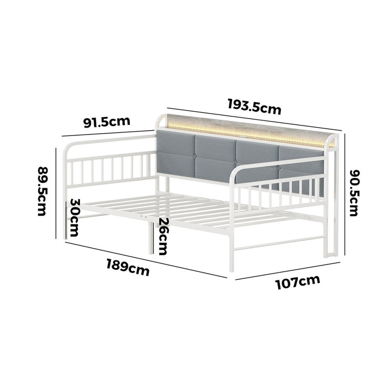 Oikiture Metal Daybed Frame Single LED Headboard USB Charge