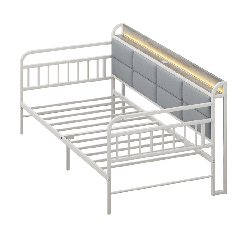 Oikiture Metal Daybed Frame Single LED Headboard USB Charge