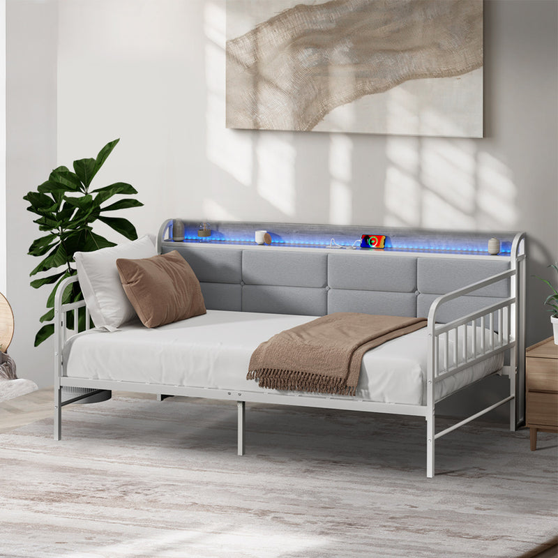 Oikiture Metal Daybed Frame Single LED Headboard USB Charge