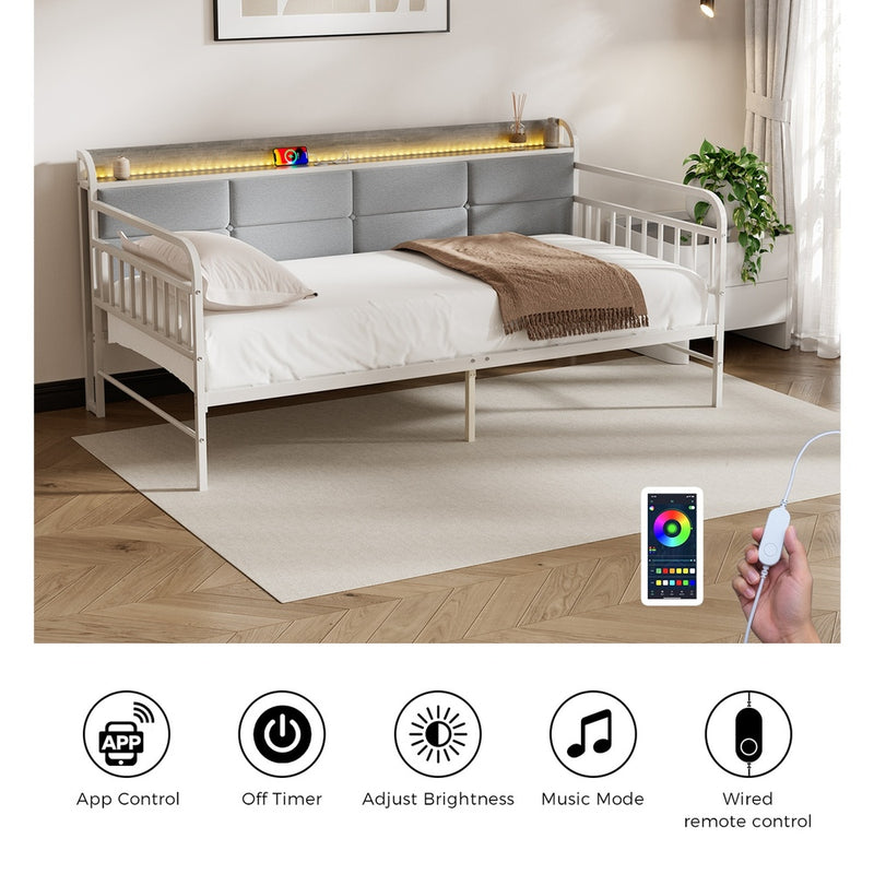 Oikiture Metal Daybed Frame Single LED Headboard USB Charge