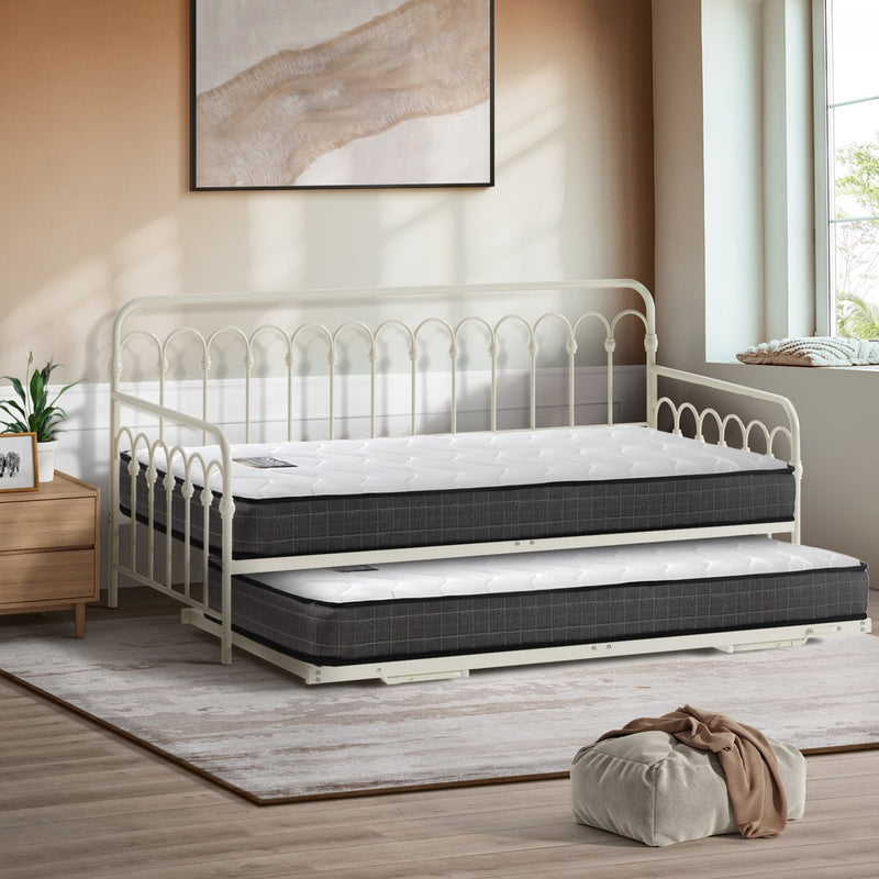 Oikiture Trundle Bed Frame Daybed Single Size Beige with Mattress x2