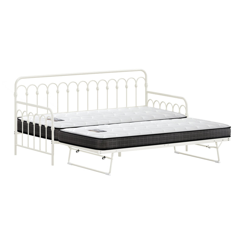 Oikiture Trundle Bed Frame Daybed Single Size Beige with Mattress x2