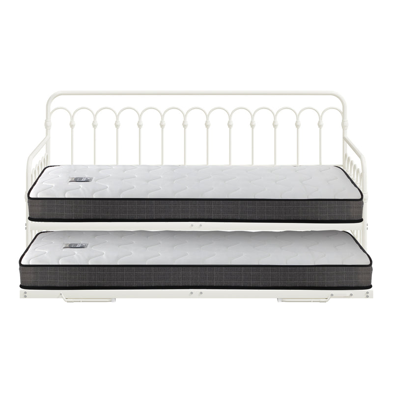 Oikiture Trundle Bed Frame Daybed Single Size Beige with Mattress x2