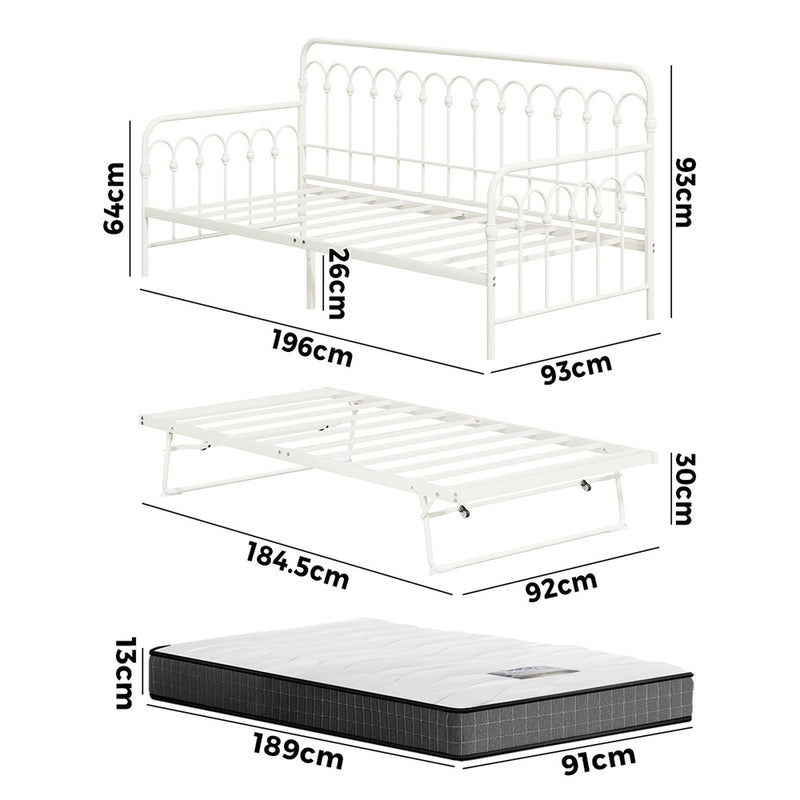 Oikiture Trundle Bed Frame Daybed Single Size Beige with Mattress x2