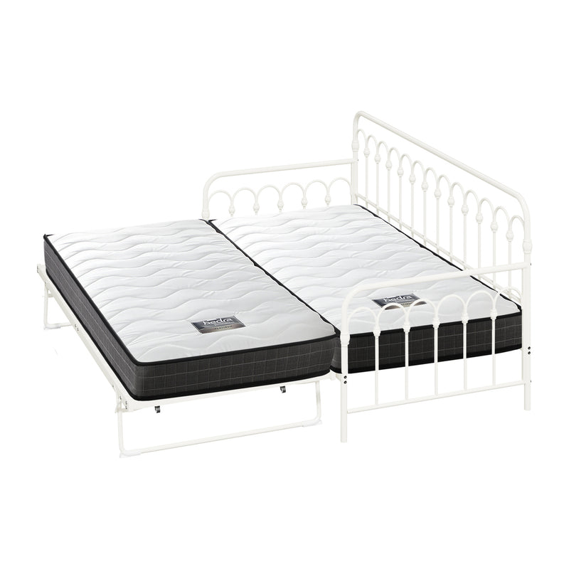 Oikiture Trundle Bed Frame Daybed Single Size Beige with Mattress x2
