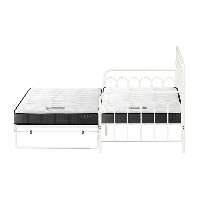 Oikiture Trundle Bed Frame Daybed Single Size Beige with Mattress x2
