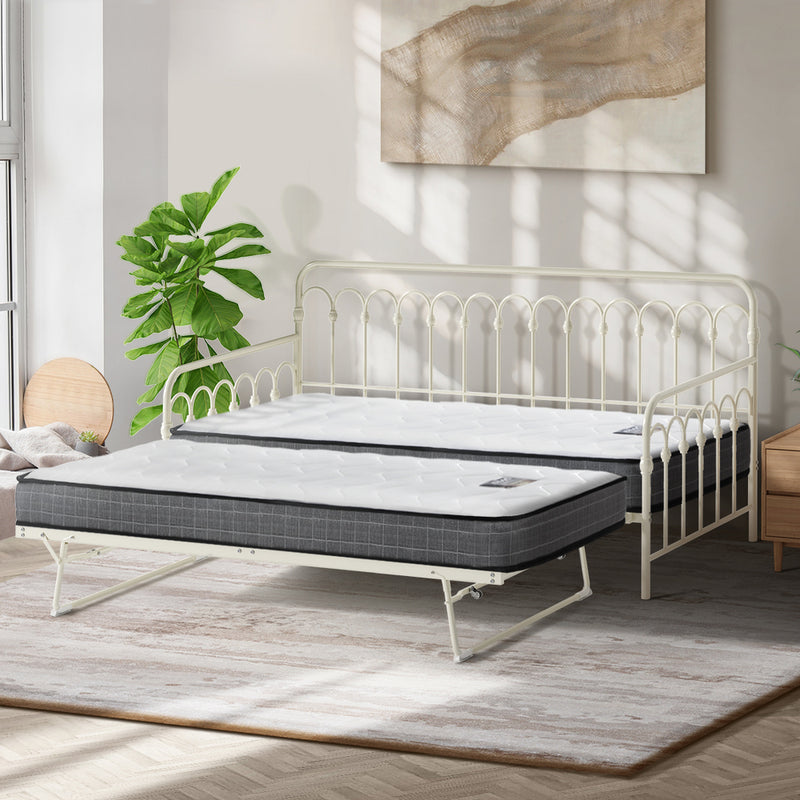 Oikiture Trundle Bed Frame Daybed Single Size Beige with Mattress x2