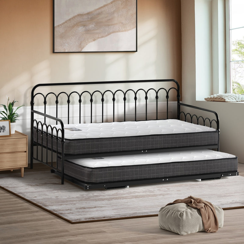 Oikiture Trundle Bed Frame Daybed Single Size Black with Mattress x2
