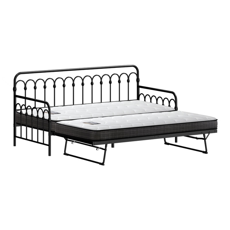 Oikiture Trundle Bed Frame Daybed Single Size Black with Mattress x2
