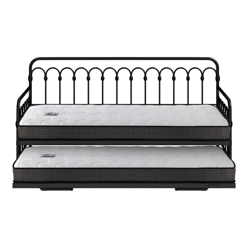 Oikiture Trundle Bed Frame Daybed Single Size Black with Mattress x2