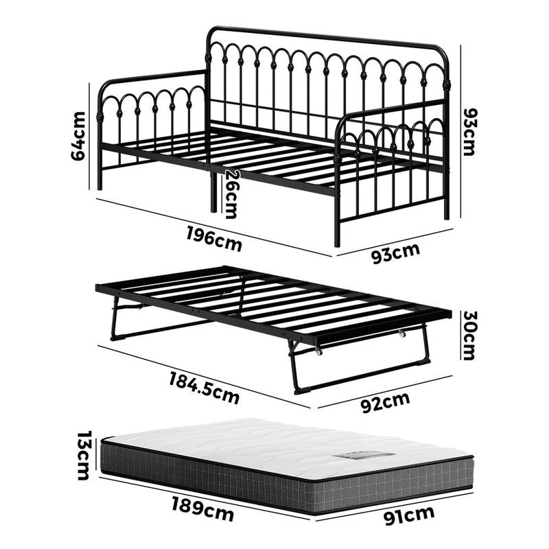 Oikiture Trundle Bed Frame Daybed Single Size Black with Mattress x2