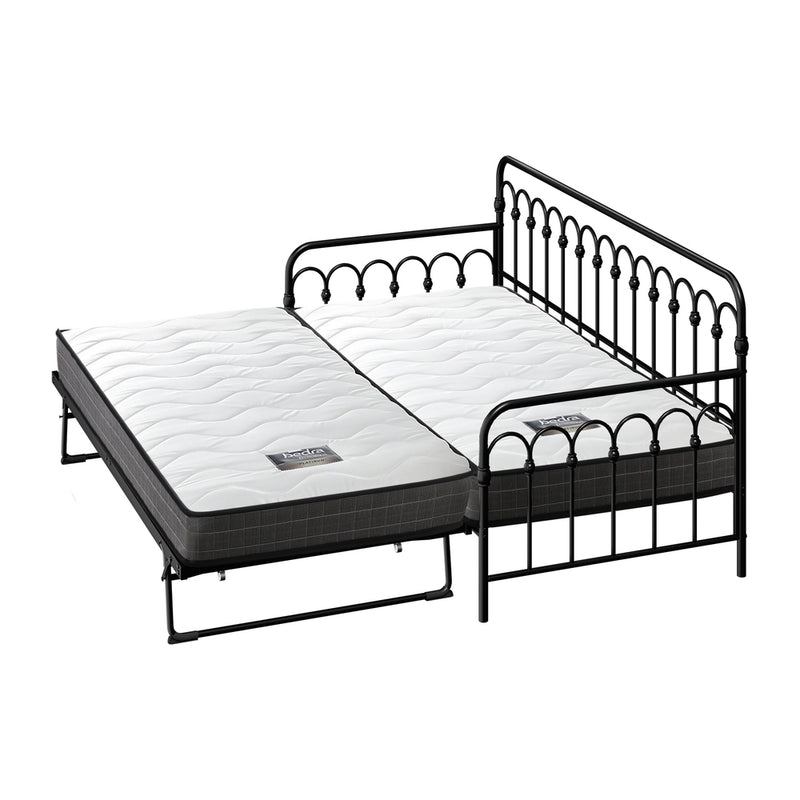 Oikiture Trundle Bed Frame Daybed Single Size Black with Mattress x2