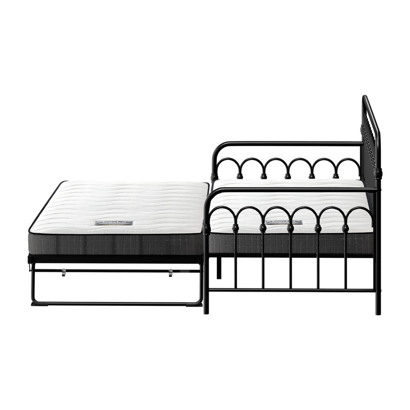 Oikiture Trundle Bed Frame Daybed Single Size Black with Mattress x2