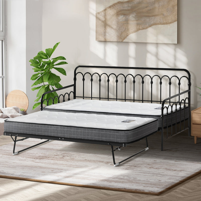 Oikiture Trundle Bed Frame Daybed Single Size Black with Mattress x2