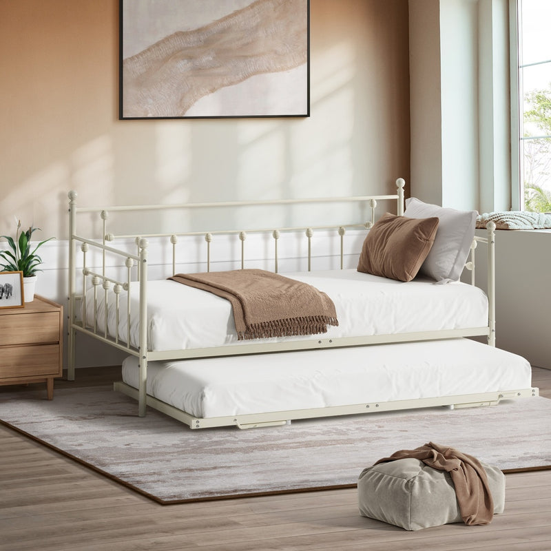 Oikiture Trundle Bed Frame Single Size Metal 2x Single Beds Beige