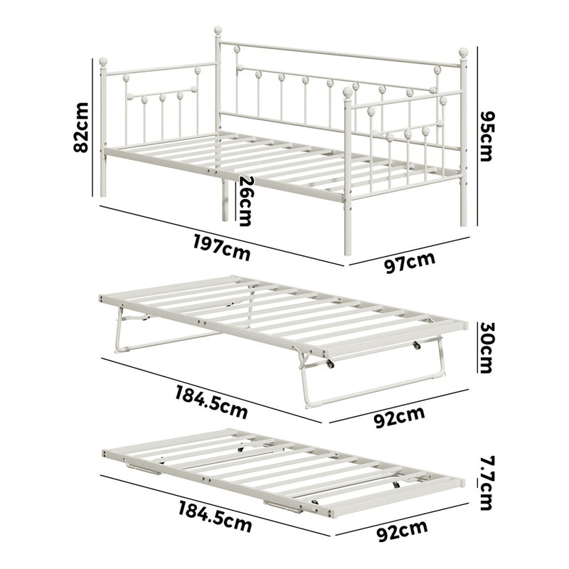 Oikiture Trundle Bed Frame Single Size Metal 2x Single Beds Beige