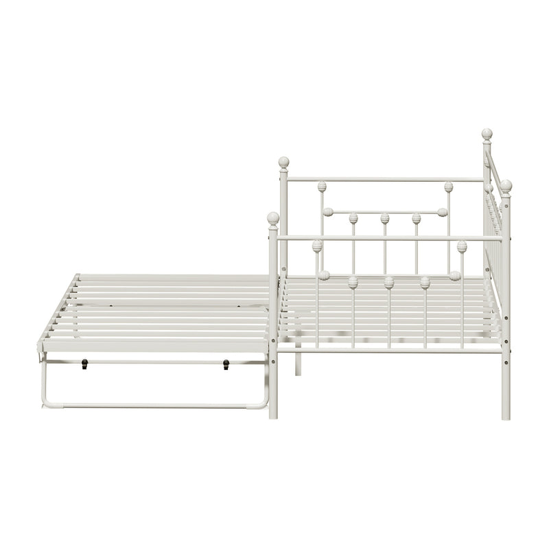 Oikiture Trundle Bed Frame Single Size Metal 2x Single Beds Beige